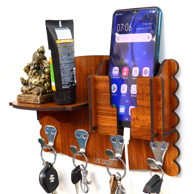 US DZIRE™834 Antique Mobile Charging Stand Key Holder, Cloth Hanger Handcrafted Art For Home Decor Living Room Bedroom Wood Key Holder
