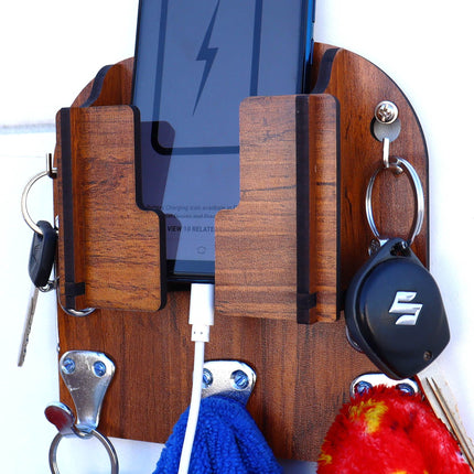 US DZIRE™ 831 Antique Mobile Charging Stand Key Holder, Cloth Hanger Handcrafted Art For Home Decor Living Room Bedroom Wood Key Holder