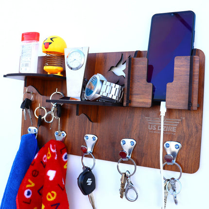 US DZIRE™ 827 Antique Mobile Charging Stand Key Holder, Cloth Hanger Handcrafted Art For Home Decor Living Room Bedroom Wood Key Holder  (8 Hooks, Brown)
