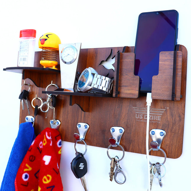 US DZIRE™ 827 Antique Mobile Charging Stand Key Holder, Cloth Hanger Handcrafted Art For Home Decor Living Room Bedroom Wood Key Holder  (8 Hooks, Brown)
