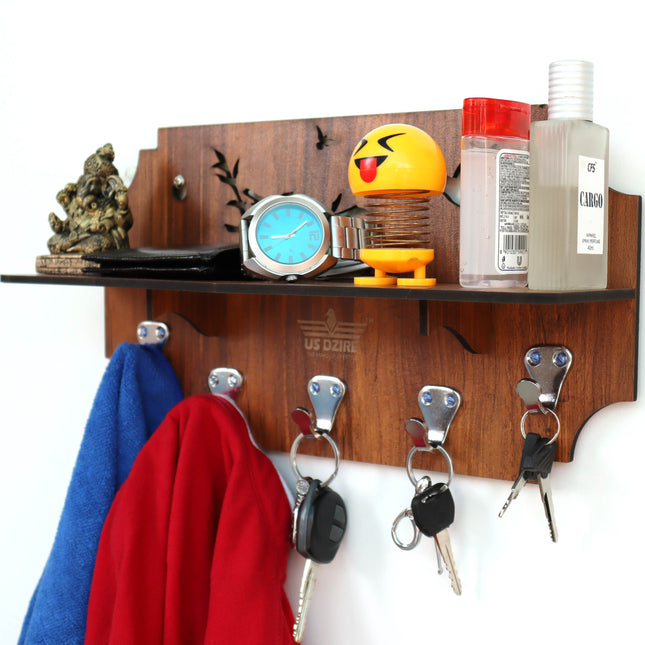 US DZIRE™ 810 Decorative Key Hanger (Brown) Wood Key Holder  (5 Hooks, Brown)