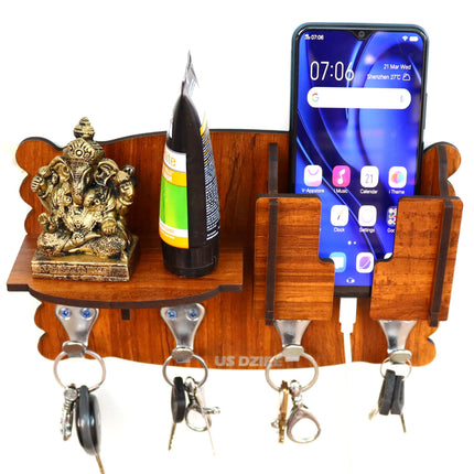 US DZIRE™834 Antique Mobile Charging Stand Key Holder, Cloth Hanger Handcrafted Art For Home Decor Living Room Bedroom Wood Key Holder