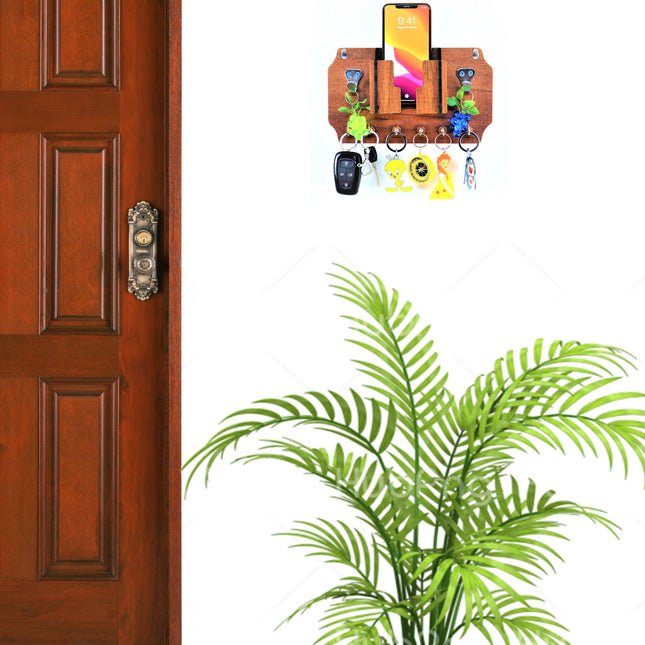 US DZIRE™ 1028 Antique Mobile Charging Stand Key Holder, Cloth Hanger Handcrafted Art For Home Decor Living Room Bedroom Wood Key Holder