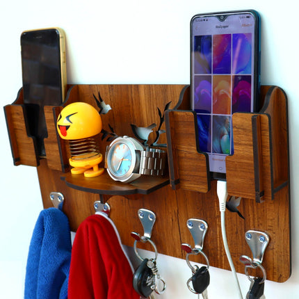 US DZIRE™ 803 Decorative Key Hanger (Brown) Wood Key Holder  (5 Hooks, Brown)