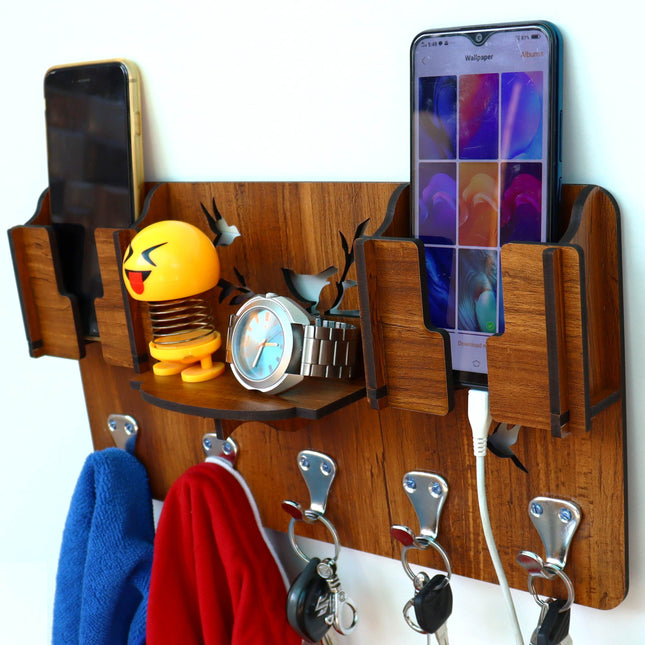 US DZIRE™ 803 Decorative Key Hanger (Brown) Wood Key Holder  (5 Hooks, Brown)