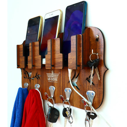 US DZIRE™ 802 Antique Mobile Charging Stand Key Holder, Cloth Hanger Handcrafted Art For Home Decor Living Room Bedroom Wood Key Holder  (7 Hooks, Brown)