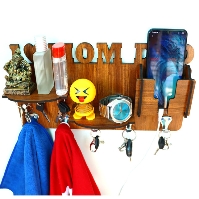 US DZIRE™ 817 Antique Mobile Charging Stand Key Holder, Cloth Hanger Handcrafted Art For Home Decor Living Room Bedroom Wood Key Holder