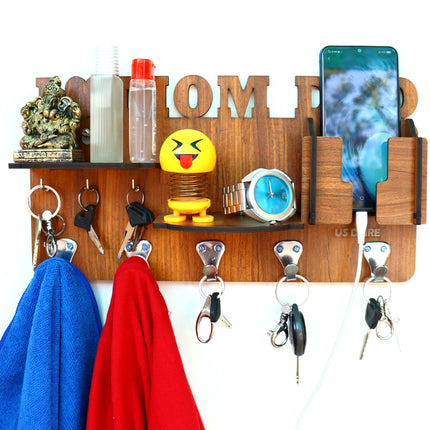 US DZIRE™ 817 Antique Mobile Charging Stand Key Holder, Cloth Hanger Handcrafted Art For Home Decor Living Room Bedroom Wood Key Holder