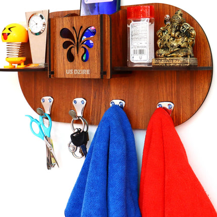 US DZIRE™ 853 Antique Mobile Charging Stand Key Holder, Cloth Hanger Handcrafted Art For Home Decor Living Room Bedroom Wood Key Holder