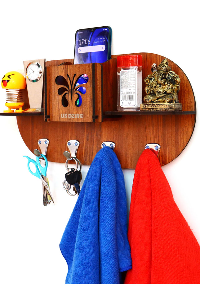 US DZIRE™ 853 Antique Mobile Charging Stand Key Holder, Cloth Hanger Handcrafted Art For Home Decor Living Room Bedroom Wood Key Holder