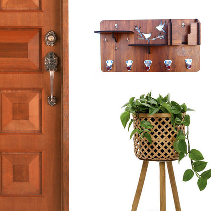 US DZIRE™ 827 Antique Mobile Charging Stand Key Holder, Cloth Hanger Handcrafted Art For Home Decor Living Room Bedroom Wood Key Holder  (8 Hooks, Brown)