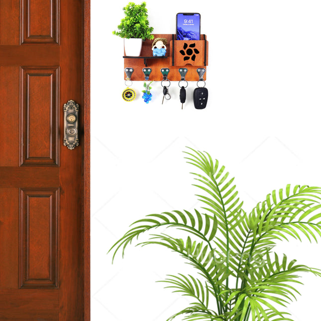 US DZIRE™ 410  Premium Key Holder For Home & Office Wood Key Holder  (5 Hooks, Brown)