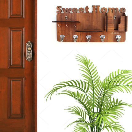US DZIRE™ 823 Decorative Key Hanger (Brown) Wood Key Holder  (5 Hooks, Brown)
