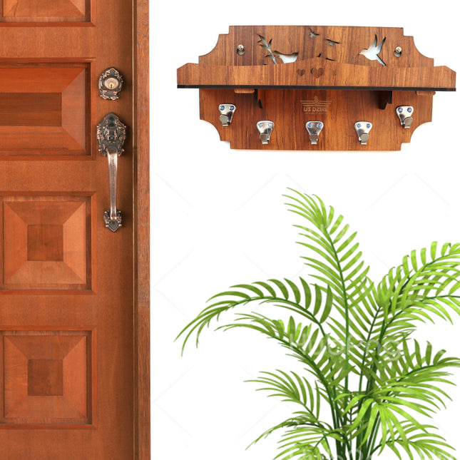 US DZIRE™ 810 Decorative Key Hanger (Brown) Wood Key Holder  (5 Hooks, Brown)