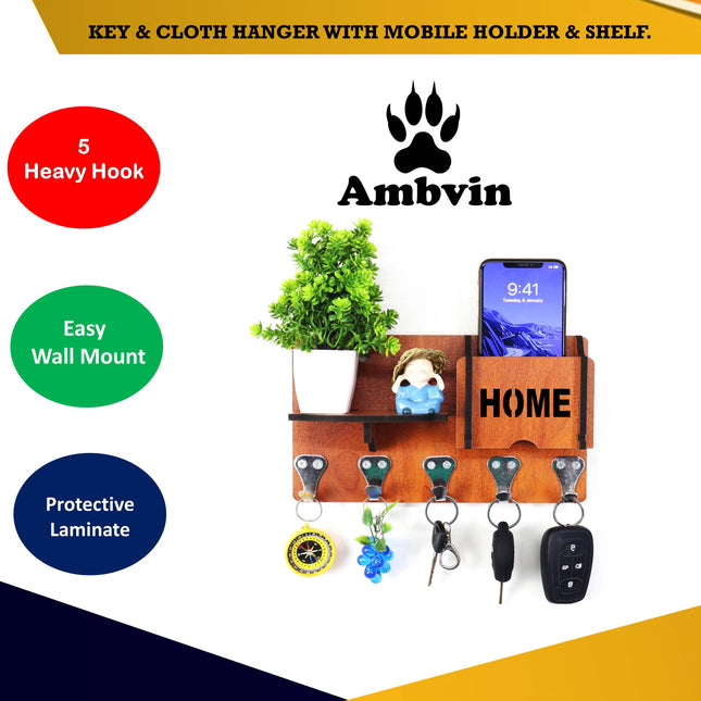 US DZIRE™ 404 Premium Key Holder For Home & Office Wood Key Holder  (5Hooks, Brown)