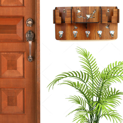 US DZIRE™ 803 Decorative Key Hanger (Brown) Wood Key Holder  (5 Hooks, Brown)