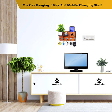 US DZIRE™416 Antique Mobile Charging Stand Key Holder, Cloth Hanger Handcrafted Art For Home Decor Living Room Bedroom Wood Key Holder  (5 Hooks, Brown)