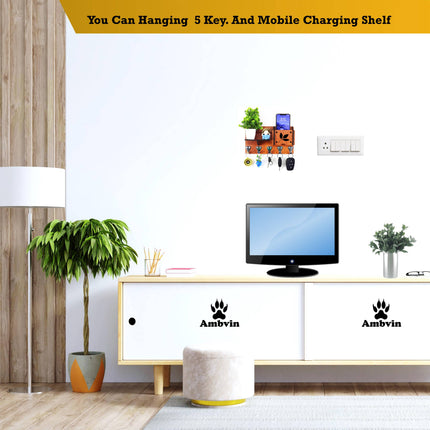 US DZIRE™ 402  Antique Mobile Charging Stand Key Holder, Cloth Hanger Handcrafted Art For Home Decor Living Room Bedroom Wood Key Holder  (5Hooks, Brown)