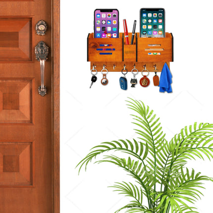 US DZIRE™ 1112 Antique Mobile Charging Stand Key Holder, Cloth Hanger Handcrafted Art For Home Decor Living Room Bedroom Wood Key Holder  (8 Hooks, Brown)