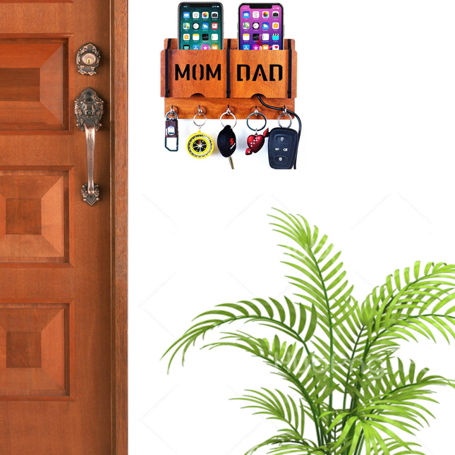 US DZIRE™ 1206 Premium Mom Dad Key Holder For Home & Office Wood Key Holder  (5  Hooks, Brown)