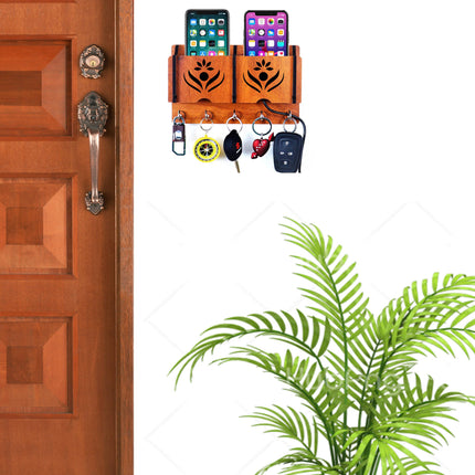 US DZIRE™ 1205  Antique Mobile Charging Stand Key Holder, Cloth Hanger Handcrafted Art For Home Decor Living Room Bedroom Wood Key Holder  (5 Hooks, Brown)