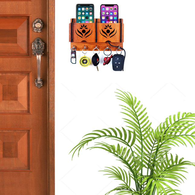 US DZIRE™ 1205  Antique Mobile Charging Stand Key Holder, Cloth Hanger Handcrafted Art For Home Decor Living Room Bedroom Wood Key Holder  (5 Hooks, Brown)