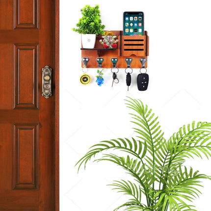 US DZIRE™ 1417 Decorative Key Hanger (Brown) Wood Key Holder  (5 Hooks, Brown)