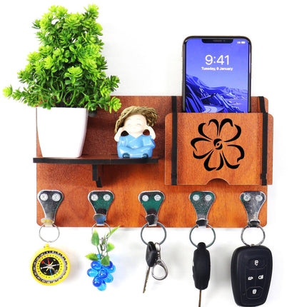 US DZIRE™ 438 Premium Key Holder For Home & Office Wood Key Holder  (5  Hooks, Brown)