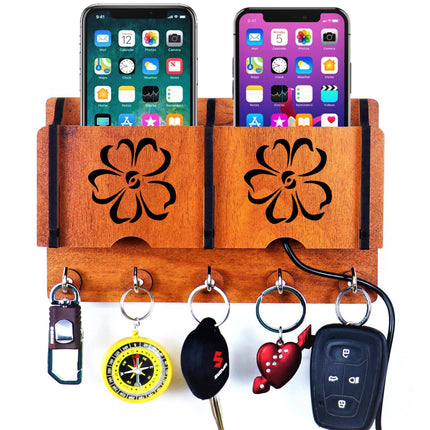 US DZIRE™ 236 Wooded key holder Sweet Home Flower Wood Key Holder(5  Hooks, Brown)