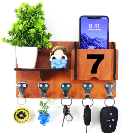 US DZIRE™ 1407 Decorative Key Hanger (Brown) Wood Key Holder  (5 Hooks, Brown)