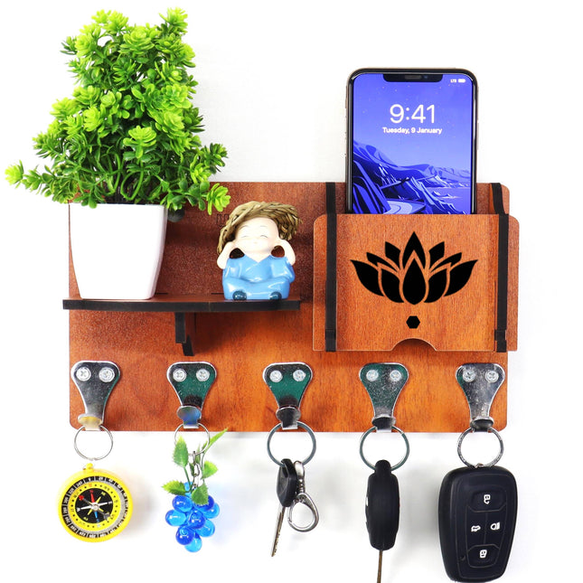 US DZIRE™ 426 Premium Key Holder For Home & Office Wood Key Holder  (5 Hooks, Brown)