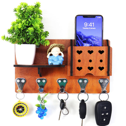 US DZIRE™422 Antique Mobile Charging Stand Key Holder, Cloth Hanger Handcrafted Art For Home Decor Living Room Bedroom Wood Key Holder  (5 Hooks, Brown)