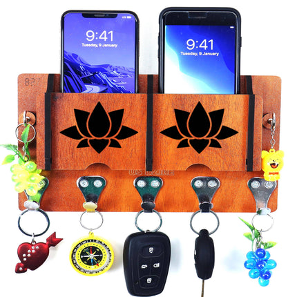US DZIRE™ 36 Antique Mobile Charging Stand Key Holder, Cloth Hanger Handcrafted Art For Home Decor Living Room Bedroom Wood Key Holder  (7 Hooks, Brown)