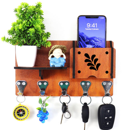 US DZIRE™ 437 Decorative Key Hanger (Brown) Wood Key Holder  (5 Hooks, Brown)