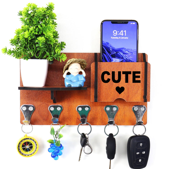 US DZIRE™ 420 Decorative Key Hanger (Brown) Wood Key Holder  (5 Hooks, Brown)