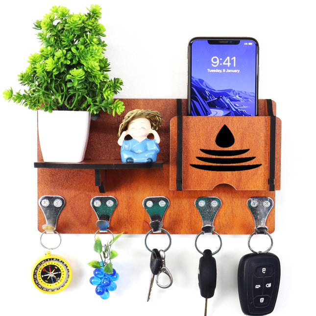 US DZIRE™ 452 Antique Mobile Charging Stand Key Holder, Cloth Hanger Handcrafted Art For Home Decor Living Room Bedroom Wood Key Holder  (5 Hooks, Brown)