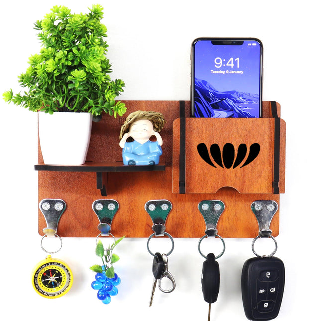 US DZIRE™ 445 Decorative Key Hanger (Brown) Wood Key Holder  (5 Hooks, Brown)